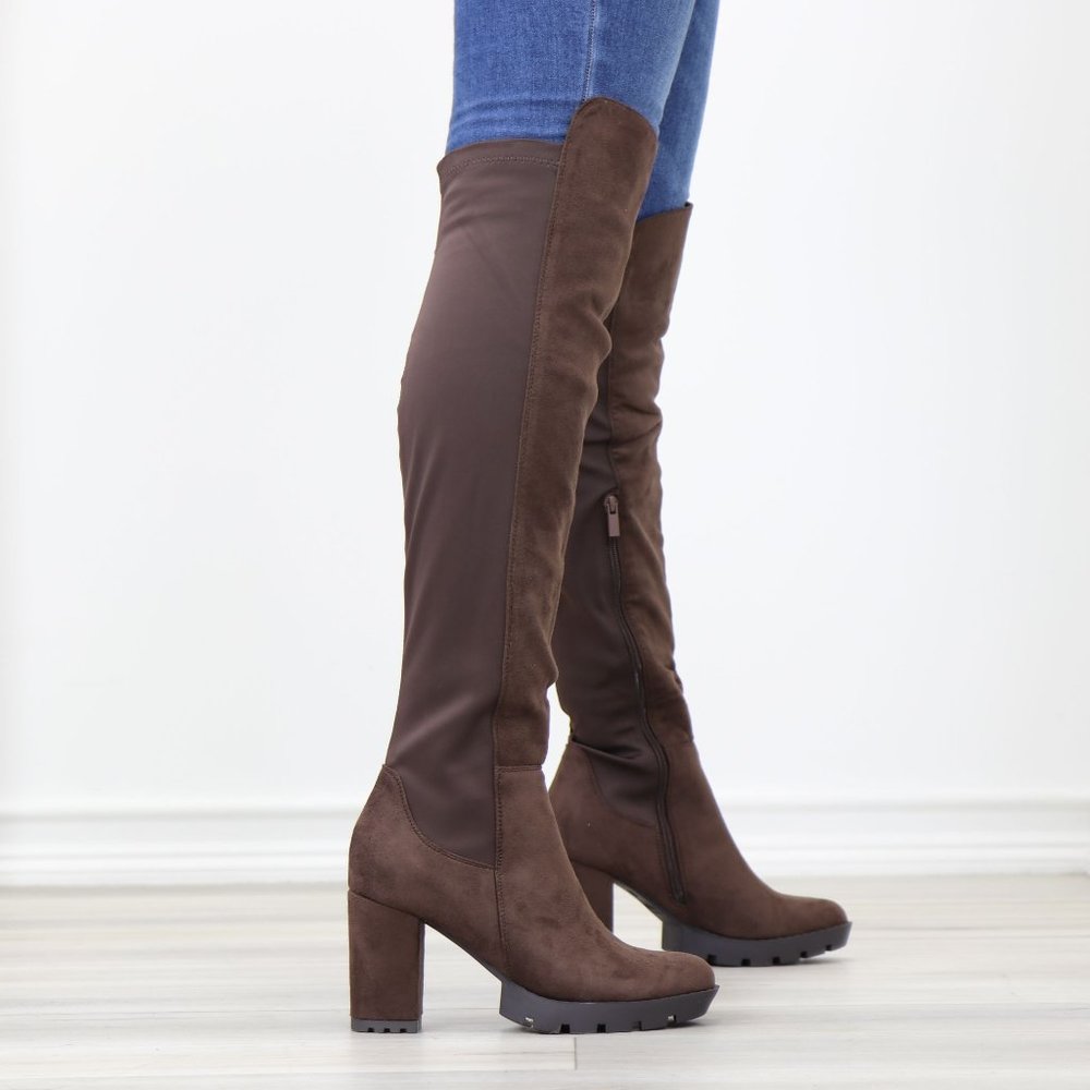 Brown Thigh High Over The Knee Lug Block Heel Boots Faux Suede Round Toe - Picture 4 of 16